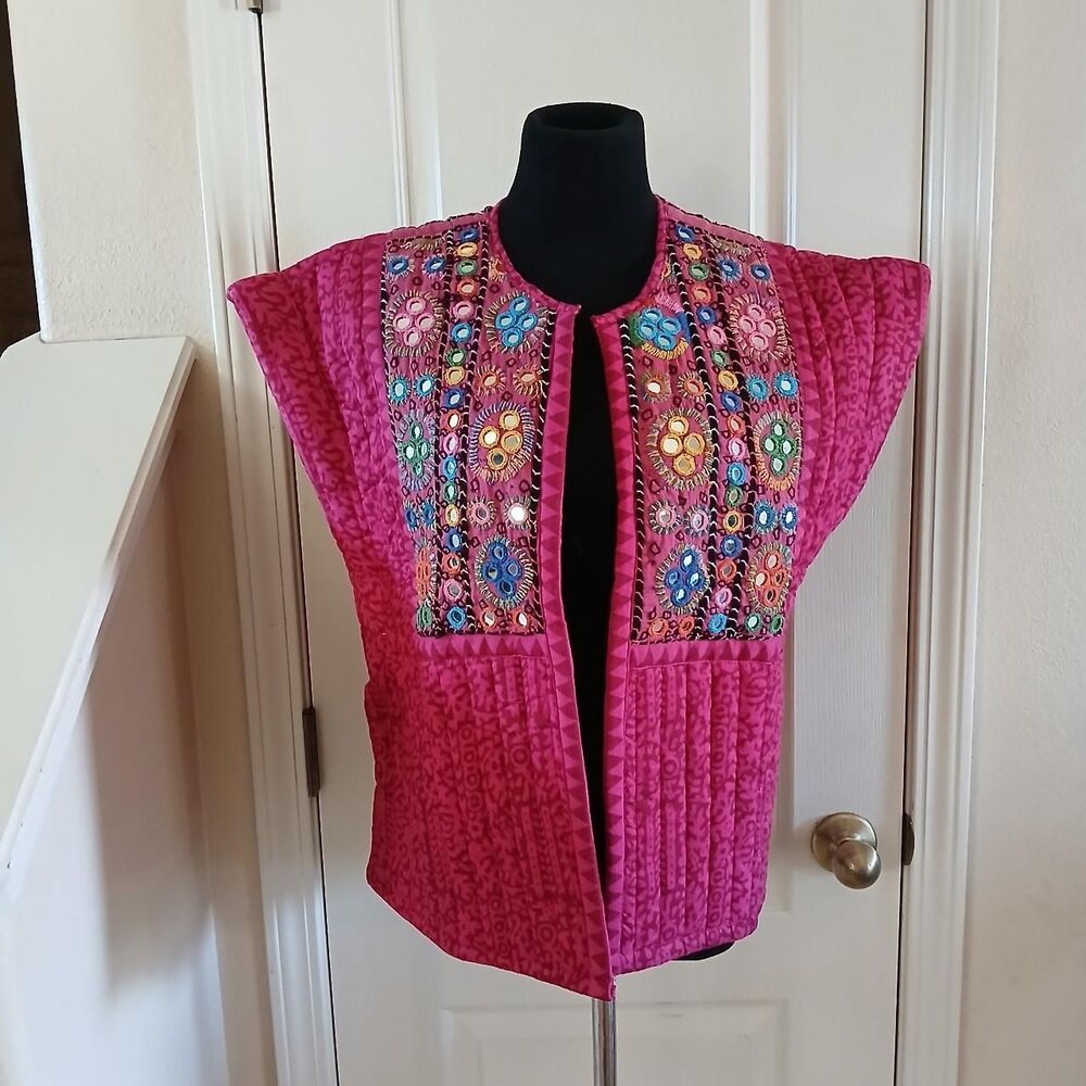 Vintage Gold & Silver Paris Pink Quilted Vest Embroidered Flowers Mirrors Boho